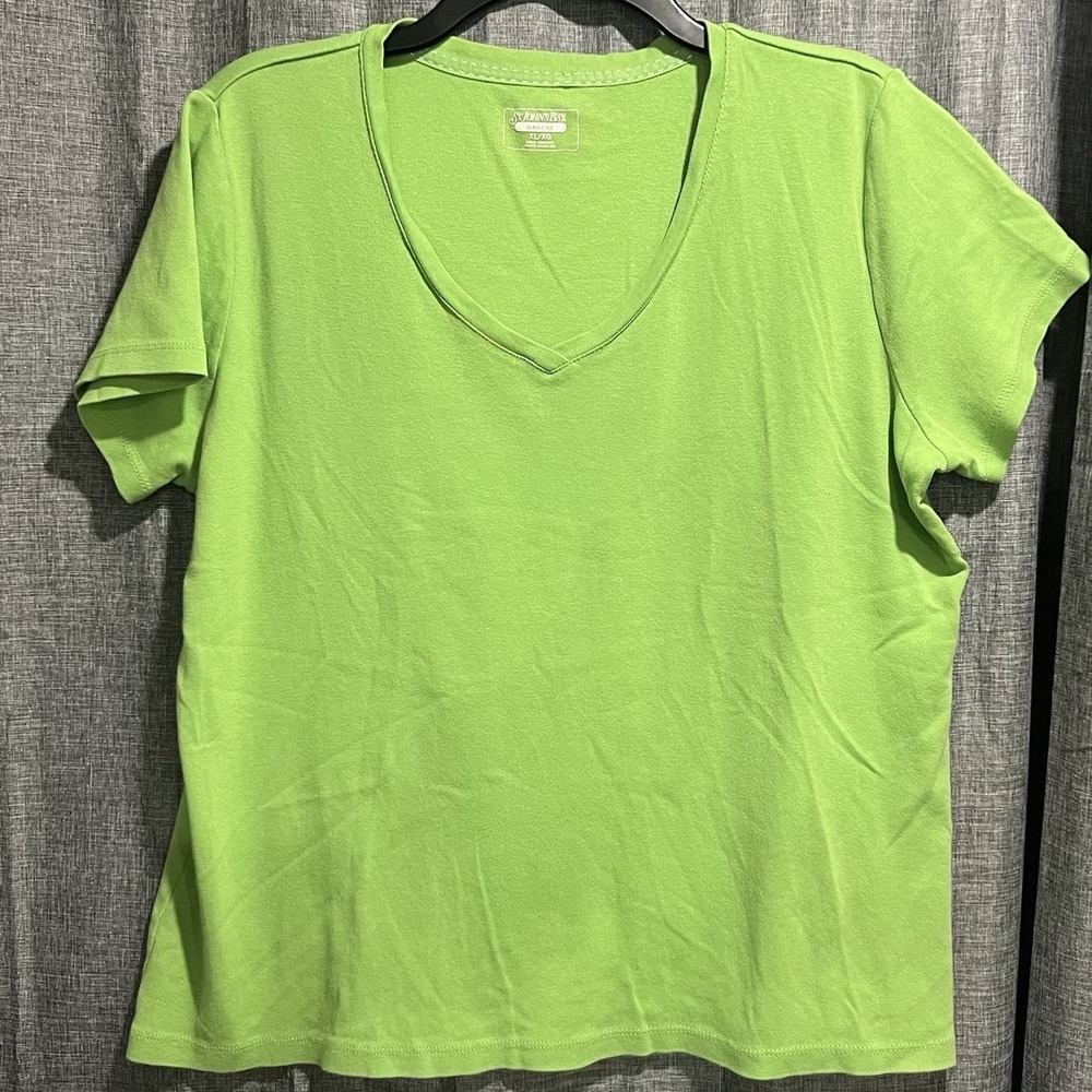 St. John's Bay 100% Cotton Classic Tee Women's XL Short Sleeve Lime Green V-Neck